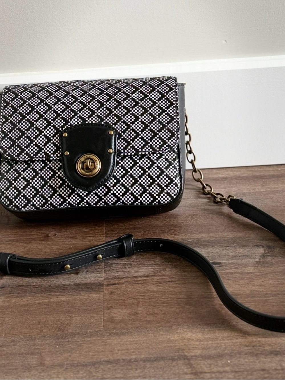 Black & White Patterned Crossbody Bag with Gold-Tone Hardware